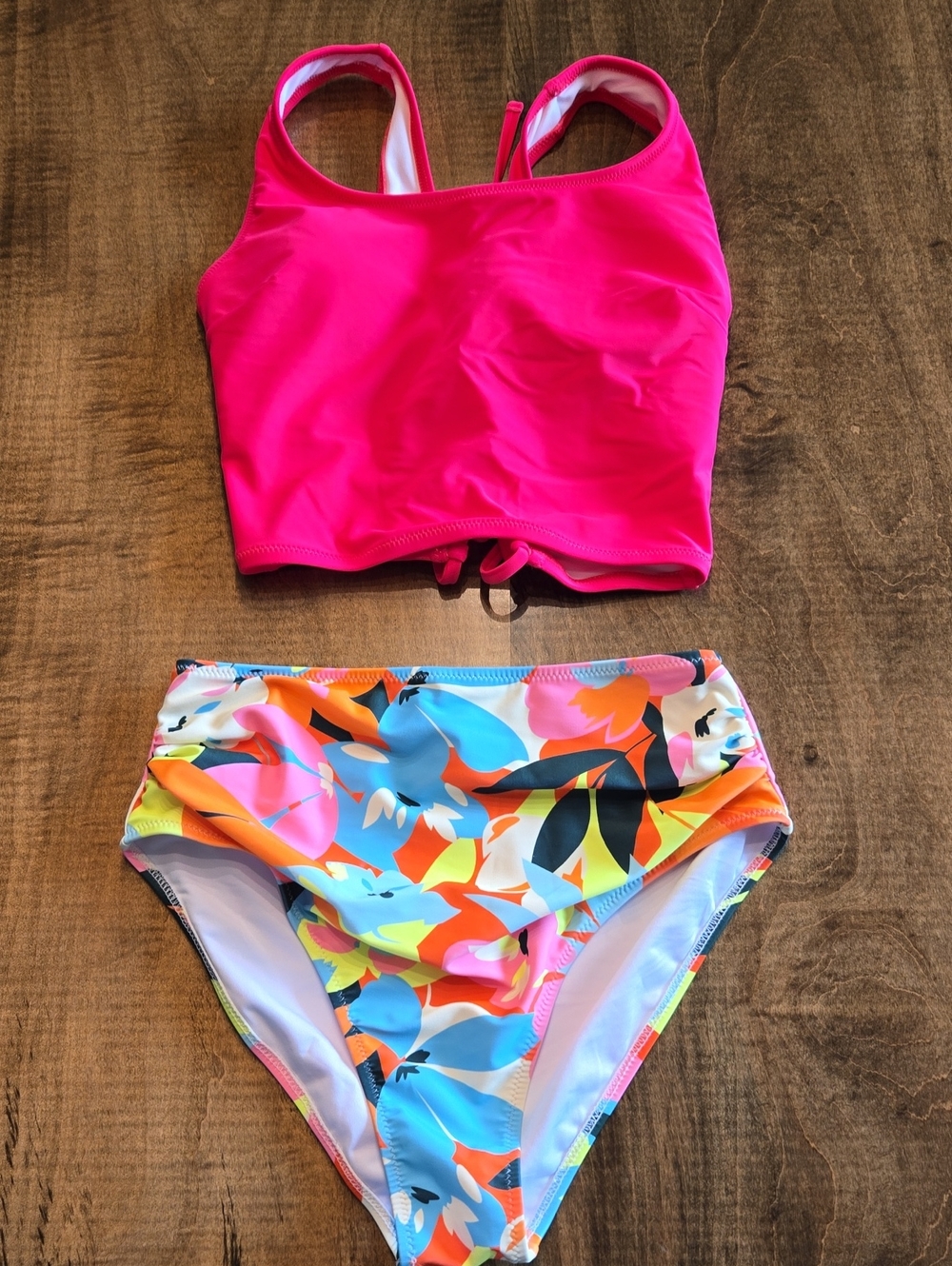 Popvil Womens  Two-Piece Swim Set - Hot Pink Top with Multi Floral Bottom NWOT